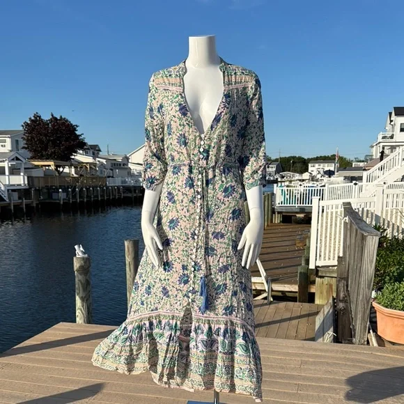 Blue and White Ruffled Midi Sundress with Plunge Neckline - Picture 1 of 16